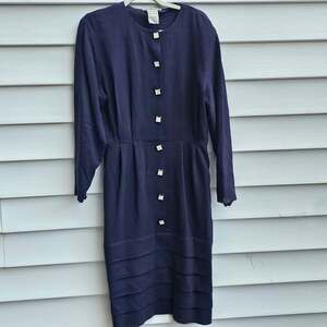 Vintage Guy Laroche Paris Wool Dress US 10 Made France 80s 90s Navy Designer